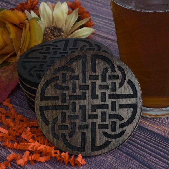 Hand Crafted Other - HANDMADE DRINK COASTERS Celtic Walnut with Laser Etched Design (4)